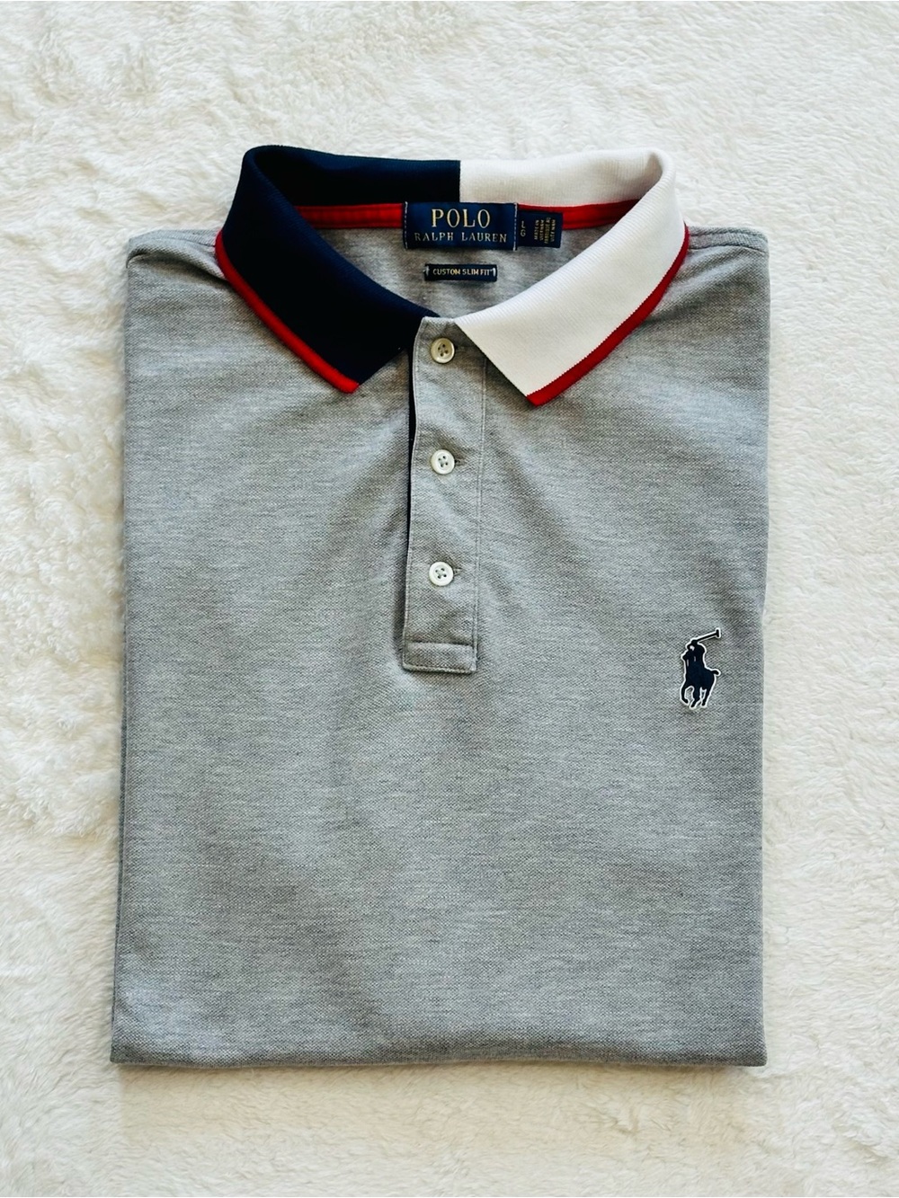 Polo Ralph Lauren Men L Gray Spell Out Flip Collar Custom Slim Fit Polo Shirt
